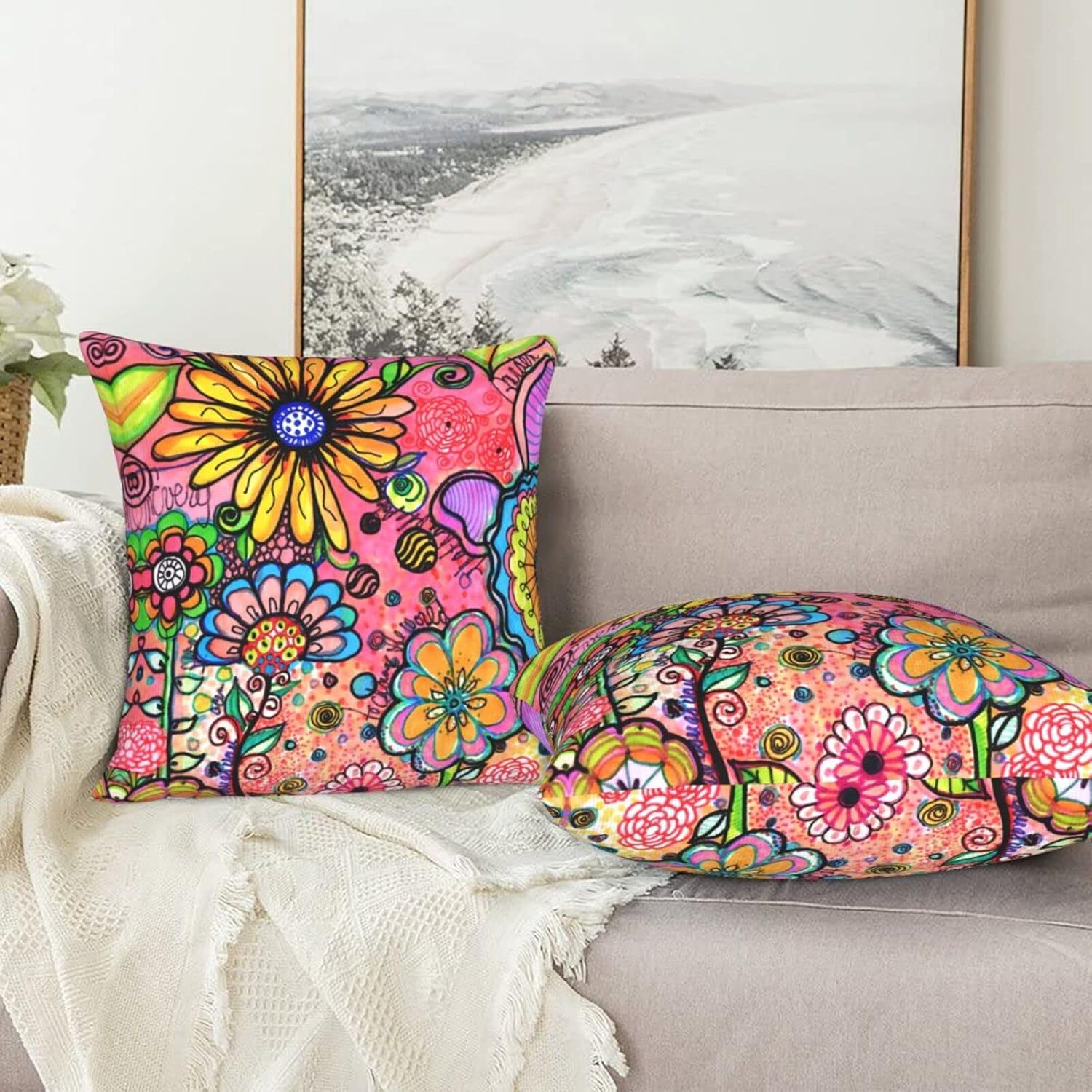 2pcs Artistic Floral Graffiti Throw Pillow Covers, Double-Sided Printed Square Pillow Covers for Sofa Bedroom Living Room Car Decoration, Holiday Decorations, Polyester, 18 X 18 Inches, No Pillow Core