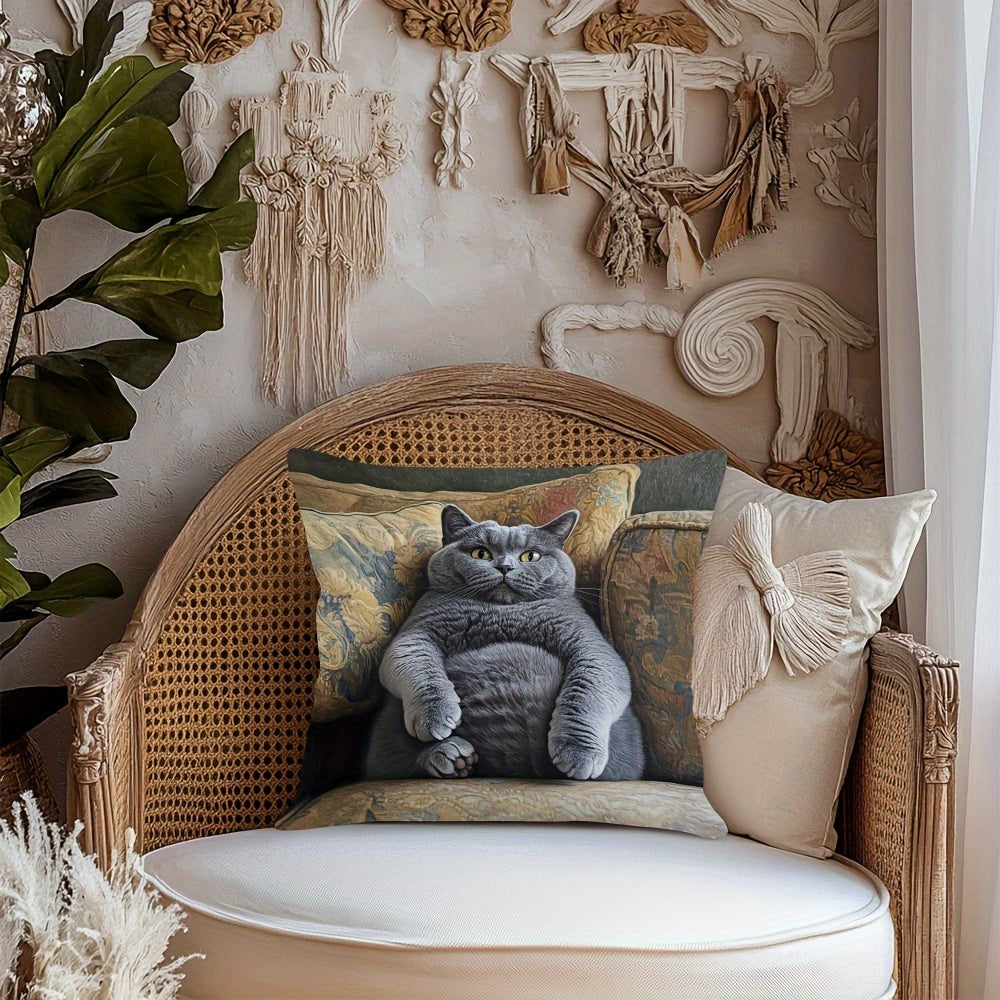 1pc British Shorthair Cat Cushion Cover - Gray, Dual-Sided Printed Pillow Case with Zipper Closure, Soft Decorative Pillowcase for Sofa, Living Room, Bedroom - Pet Lover Home Decor Gift, Vintage Aesthetic, Easy Care Fabric, Interior Design Fans