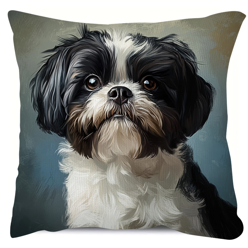 1pc, 2d flat printing, Non-real embroidery, Cute Shih Tzu dog double-sided printed short plush pillow cover, suitable for sofa living room bedroom, no pillow coreLKJ1654