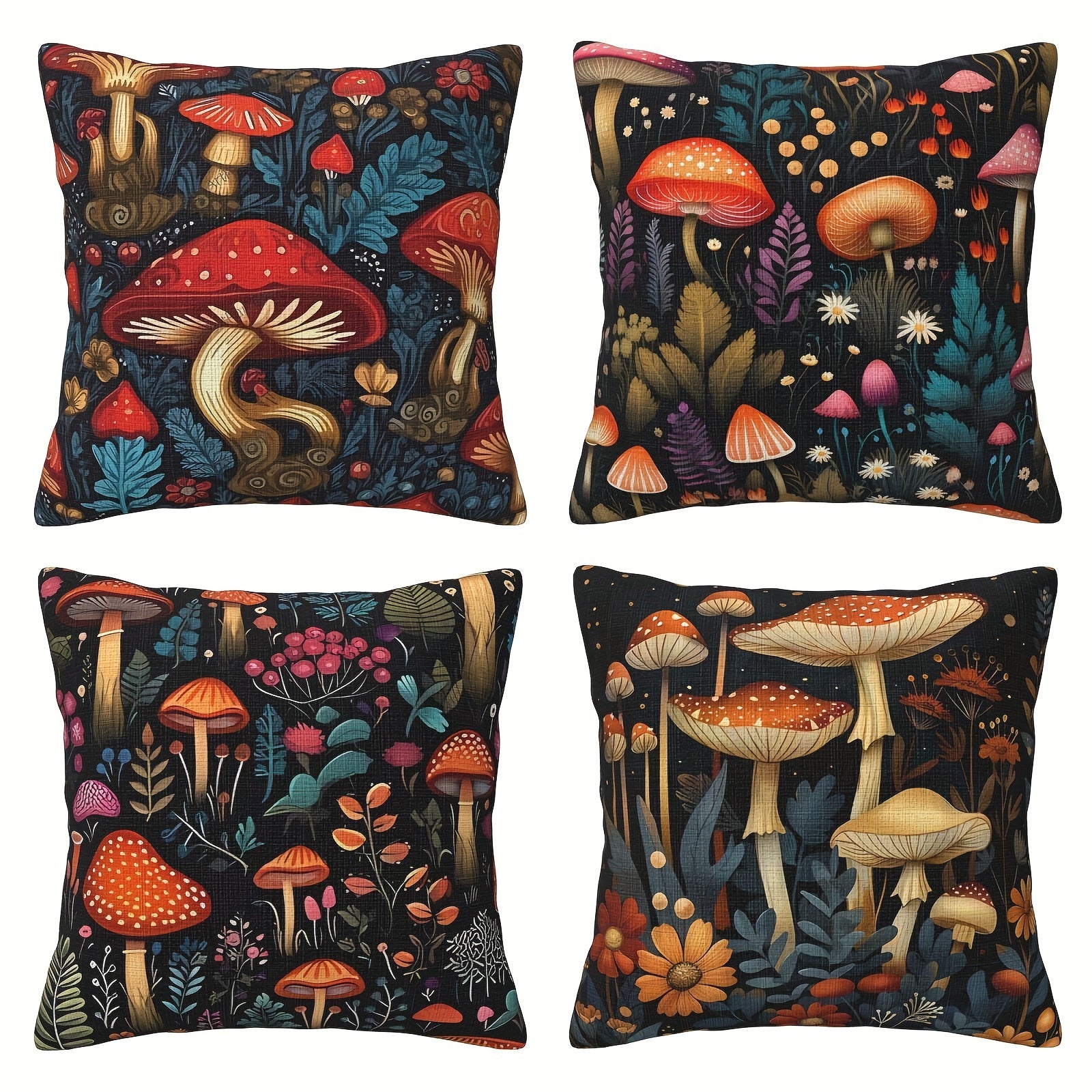 4pcs Double-Sided Printed Polyester Pillow Covers - Enchanted Forest & Mushroom Design, Vibrant Colors, Zipper Closure, Machine Washable for Sofa, Bed, Car, Modern & Farmhouse Decor, Sofa Accessories, Bedroom Enhancement, Easy Care Fabric, Detailed