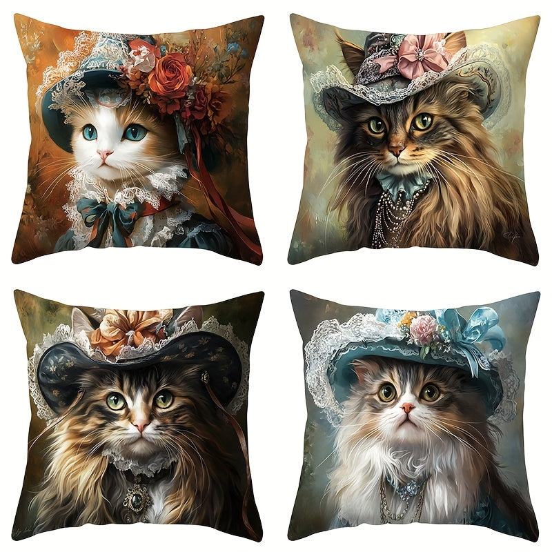 [Victorian Cat Pillow Covers] 4pcs Victorian Elegant Cat Throw Pillow Covers - Large 17.72x17.72 Inch Square Cushion Cases with Zipper Closure, Floral - for Sofa, Bed, Car, Living Room Decor - Pillow Inserts Not Included - Perfect Gift for Cat Lovers,