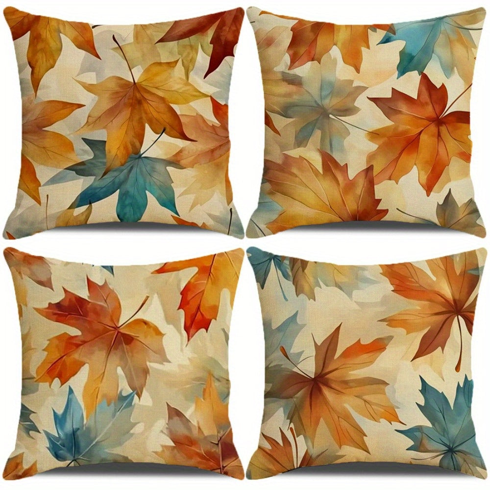 4pcs Autumn Thanksgiving Maple Leaf Printed Pillow Covers - Double-Sided Polyester Zipper Closure, Contemporary Fall Decor for Living Room, Bedroom, Sofa - Machine Washable (Pillow Inserts Not Included), Pillow Covers for Living Room, Bedroom Accents,