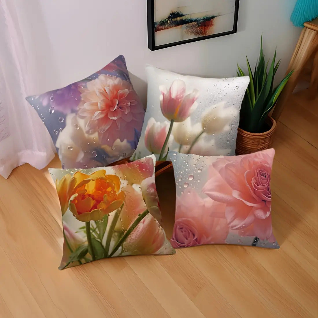 4pcs 17.72X 17.72Inch After The Rain Glass Flower Peach Skin Pillow Four-Piece Set Car Cushion Cover Living Room Sofa Bedroom Pillow Bedside Backrest Pillowcase Home Decoration Pillow Coreless Double-Sided Printing