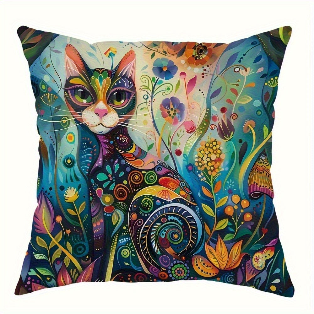 4pcs, Cat Flower Abstract Art Pattern Design Printed Zipper Pillowcase-Double-Sided Polyester Printed Pattern Zipper Closed Home Decoration Living Room, Bedroom And Sofa Home Decoration (Not Included in The Pillow)