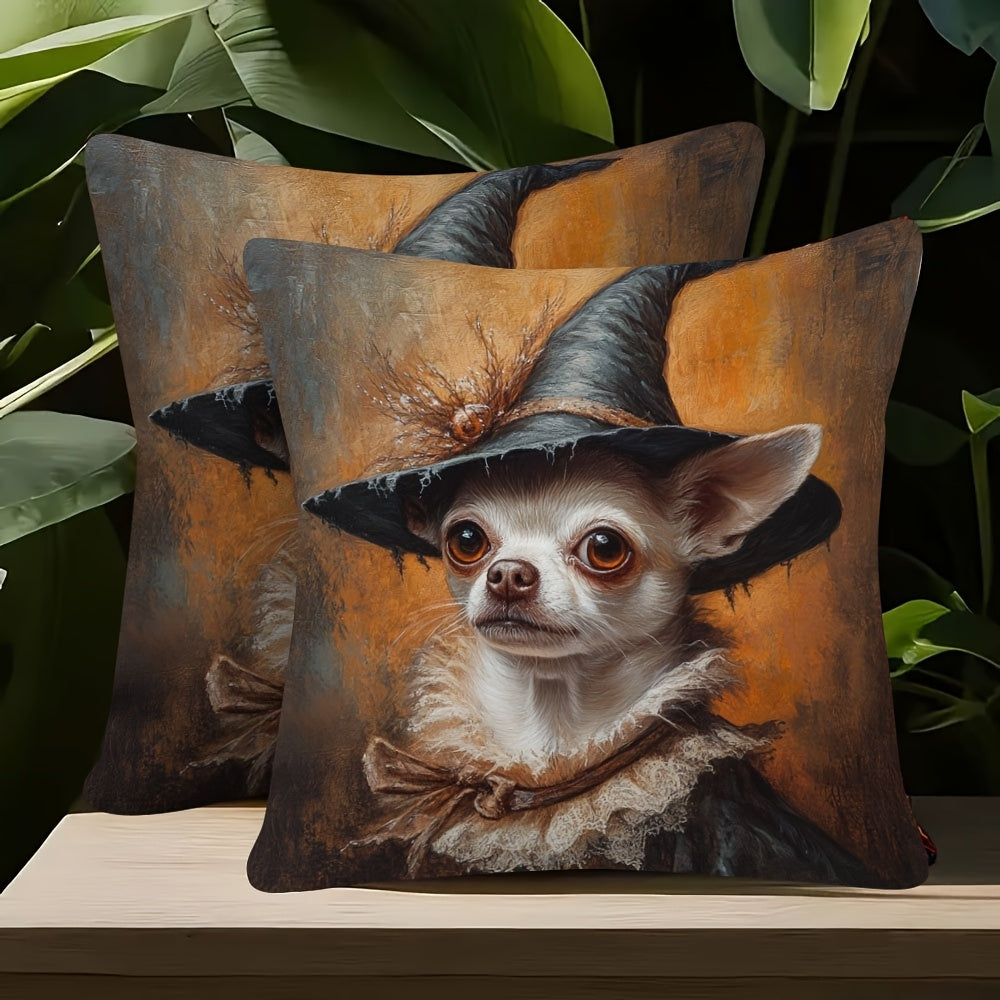 2pcs 18x 18 inch Halloween Chihuahua witch dog pattern double-sided printed super soft short plush pillow case with zipper, machine washable, suitable for sofa bed car living room decoration (without inner core), fun cushion cover, 2pcs 18x18inch pillow