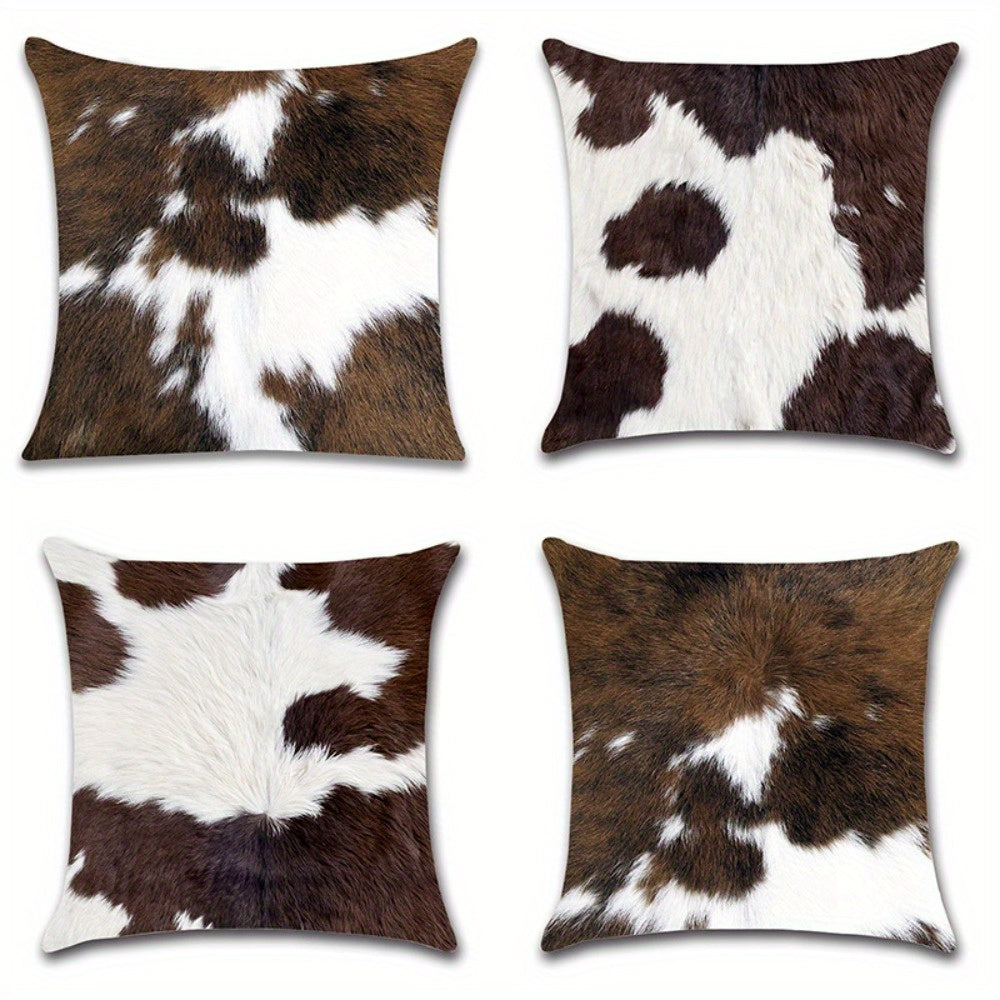 4pcs Cow Print Spotted Pattern Zipper Pillow Covers - Double-Sided Polyester, Brown & White Design for Living Room, Bedroom, and Sofa Decor (No Insert), Decorative Pillows | Contemporary Style | Zipper Closure, Decorative Pillows for Living Room