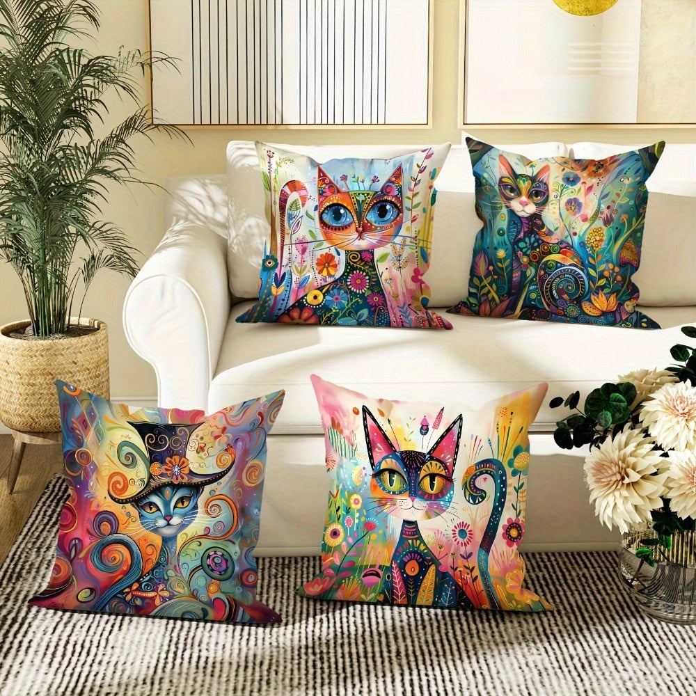 4pcs, Cat Flower Abstract Art Pattern Design Printed Zipper Pillowcase-Double-Sided Polyester Printed Pattern Zipper Closed Home Decoration Living Room, Bedroom And Sofa Home Decoration (Not Included in The Pillow)