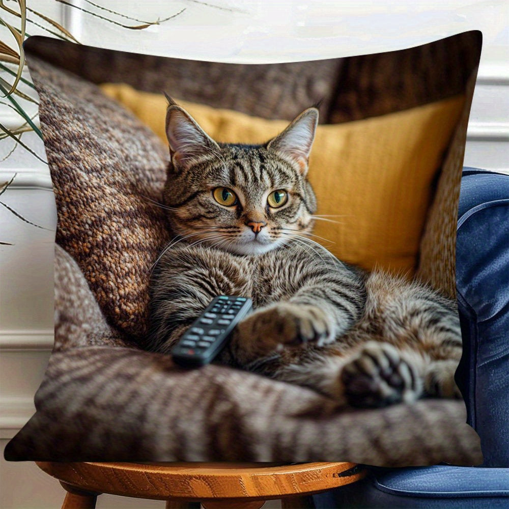 Double-Sided 1pc Modern Hypoallergenic Pillowcase Cute Fat Cat and Remote Control Pattern Single-Sided Print Zipper Closure Machine Washable Suitable for Comfortable Bedroom and Living Room Decoration Fun Pattern Soft Fabric Print Cushion Home Decora