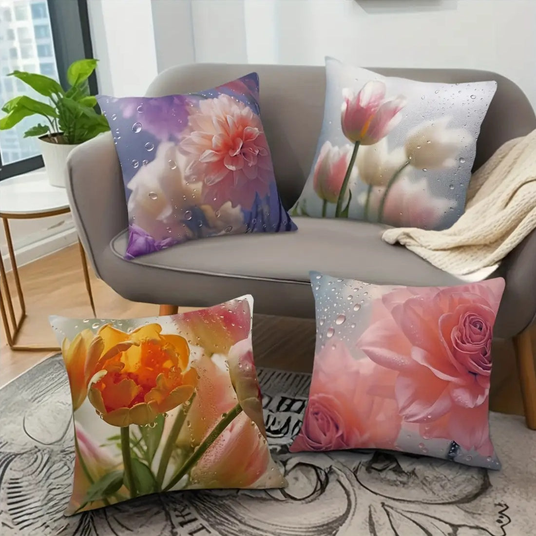 4pcs 17.72X 17.72Inch After The Rain Glass Flower Peach Skin Pillow Four-Piece Set Car Cushion Cover Living Room Sofa Bedroom Pillow Bedside Backrest Pillowcase Home Decoration Pillow Coreless Double-Sided Printing