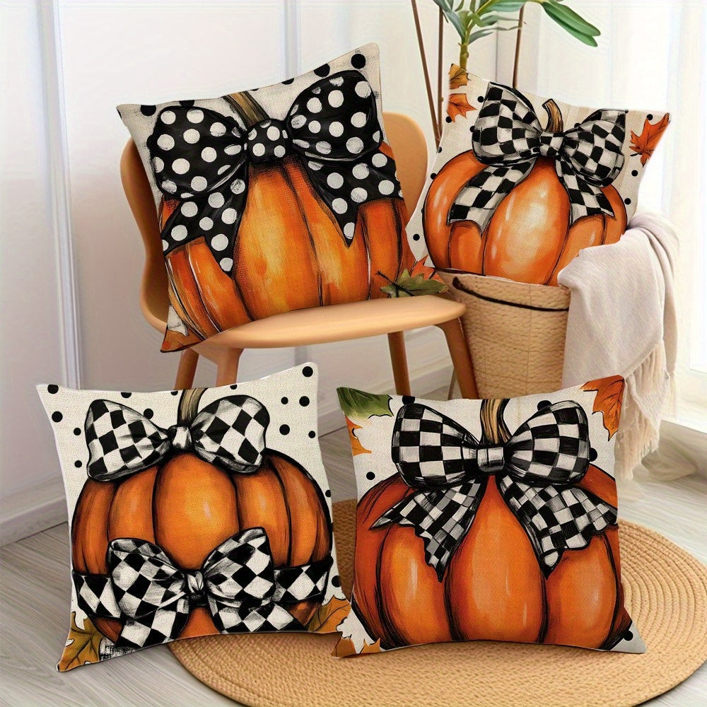 4pcs of Cartoon Niche Bow Pumpkin Printed Zipper Pillowcase-Double-Sided Polyester Printed Pattern Zipper Closed Home Decoration Living Room, Bedroom And Sofa Home Decoration (Not Included in The Pillow)