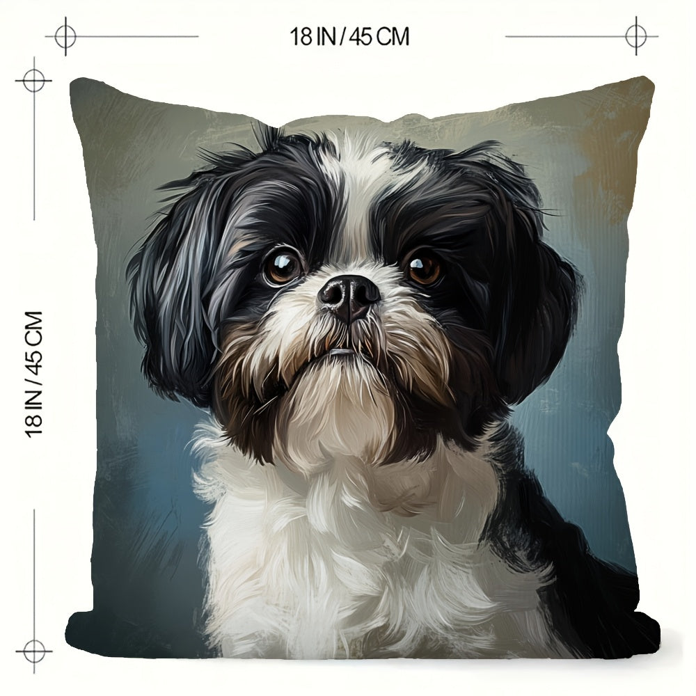 1pc, 2d flat printing, Non-real embroidery, Cute Shih Tzu dog double-sided printed short plush pillow cover, suitable for sofa living room bedroom, no pillow coreLKJ1654