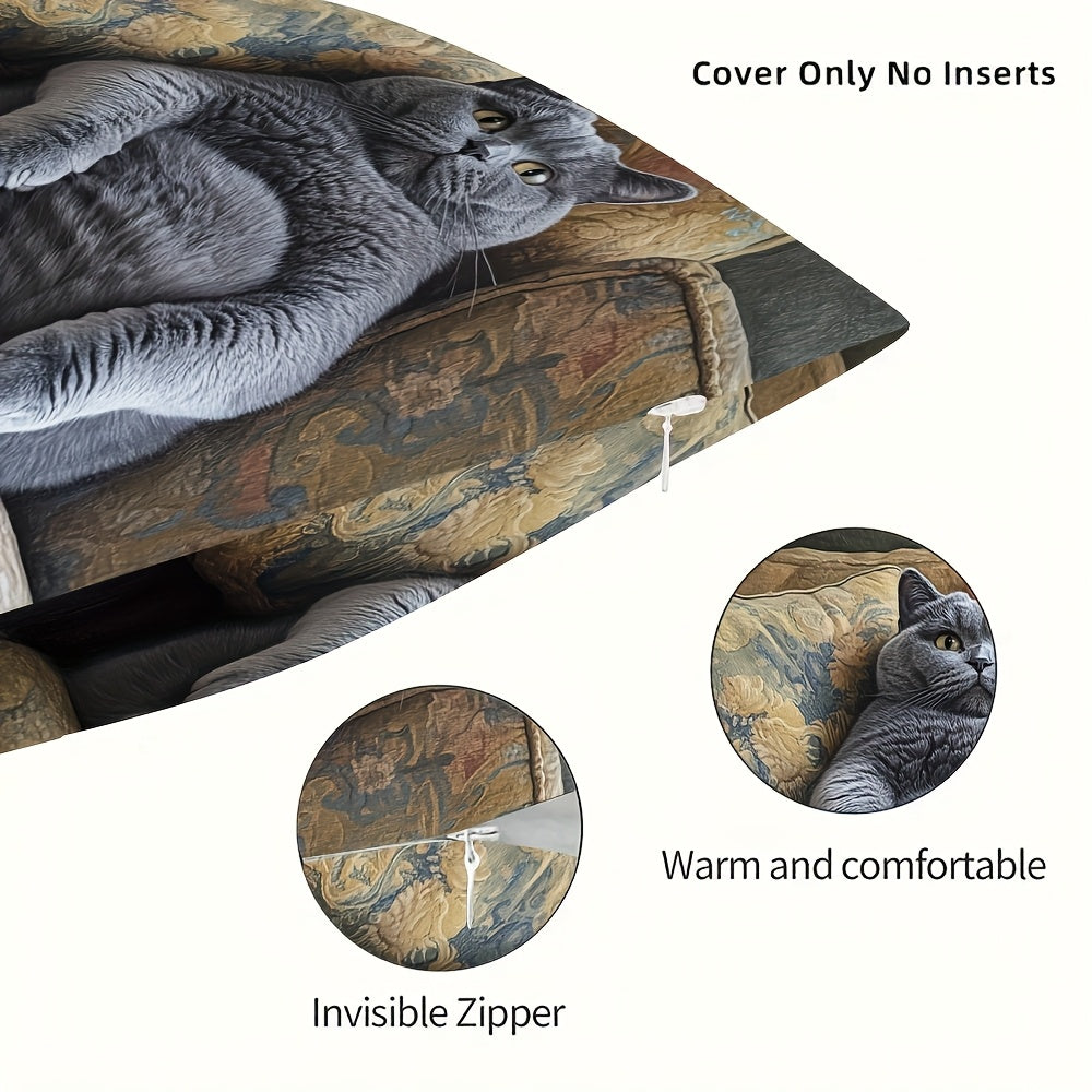 Cozy Cat Print Pillowcase for Sofa - Double-Sided, Soft & Easy to Clean, Zipper Closure, Perfect for Living Room & Bedroom Decor, Machine Washable, Polyester 100, Decorative Pillows