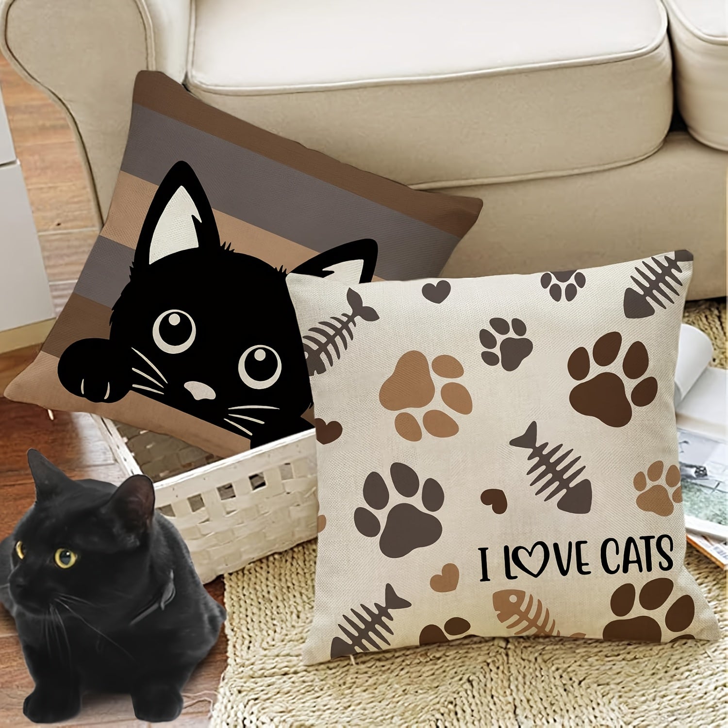 Cartoon Cat Paw Short Polyester Pillowcase Set of Four, Home Living Room Sofa Car Bedroom Decoration- Polyester Fiber Material Double-Sided Printing Coreless, Sofa Accessories, Cozy Home Accents, Playful Decor, Cartoon Design, Soft Material, Easy Care,