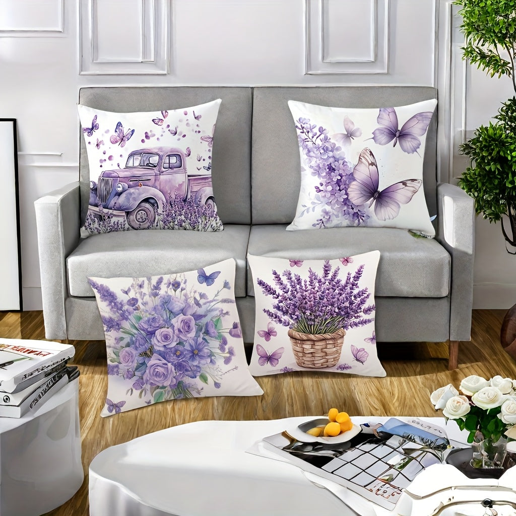 4pcs Spring Floral & Vintage Car Print Pillow Covers - 17.7x17.7 Inch Soft Lavender Decorative Pillowcases, Double-Sided Contemporary Design with Zipper Closure, Machine Washable for Bedroom, Living Room, Sofa Decor, Vintage Pillow Covers, Bedroom