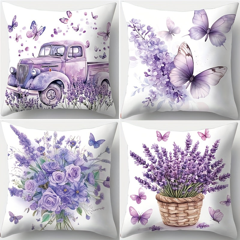 4pcs Spring Floral & Vintage Car Print Pillow Covers - 17.7x17.7 Inch Soft Lavender Decorative Pillowcases, Double-Sided Contemporary Design with Zipper Closure, Machine Washable for Bedroom, Living Room, Sofa Decor, Vintage Pillow Covers, Bedroom
