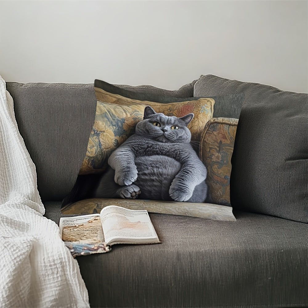 1pc British Shorthair Cat Cushion Cover - Gray, Dual-Sided Printed Pillow Case with Zipper Closure, Soft Decorative Pillowcase for Sofa, Living Room, Bedroom - Pet Lover Home Decor Gift, Vintage Aesthetic, Easy Care Fabric, Interior Design Fans