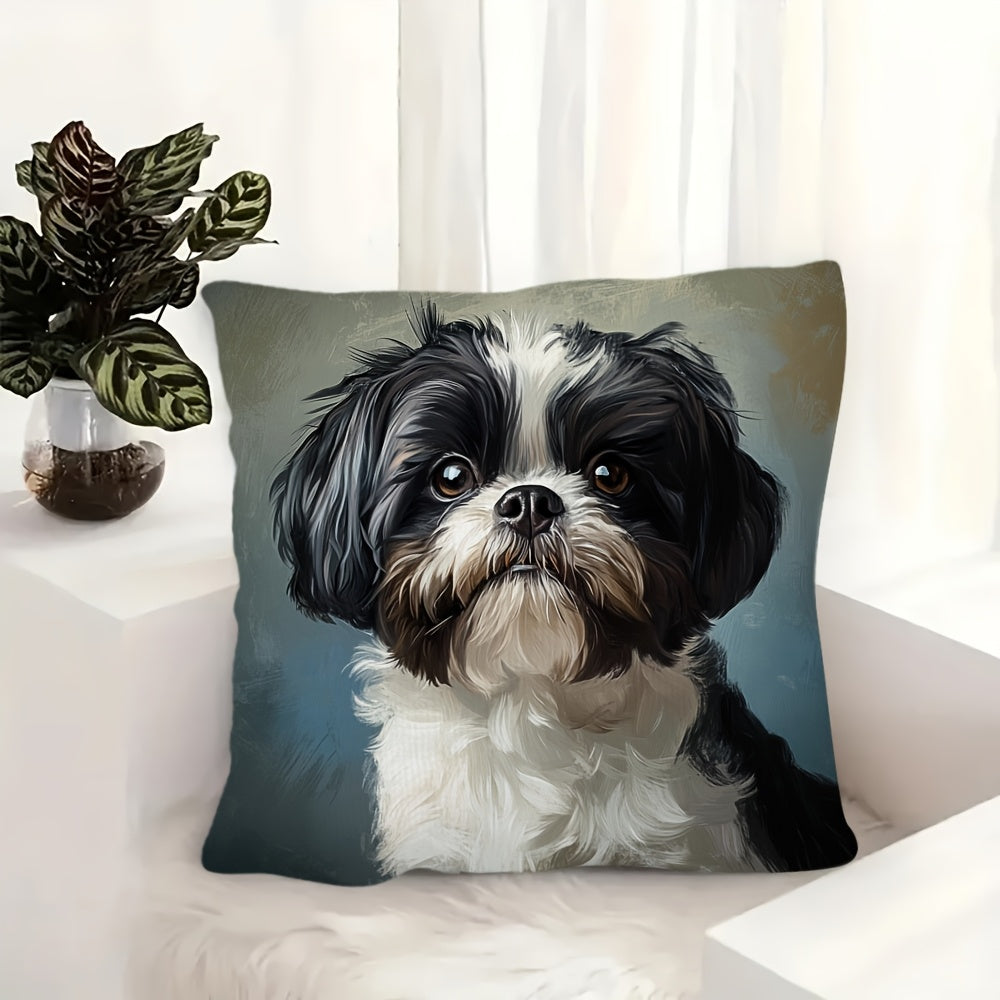 1pc, 2d flat printing, Non-real embroidery, Cute Shih Tzu dog double-sided printed short plush pillow cover, suitable for sofa living room bedroom, no pillow coreLKJ1654