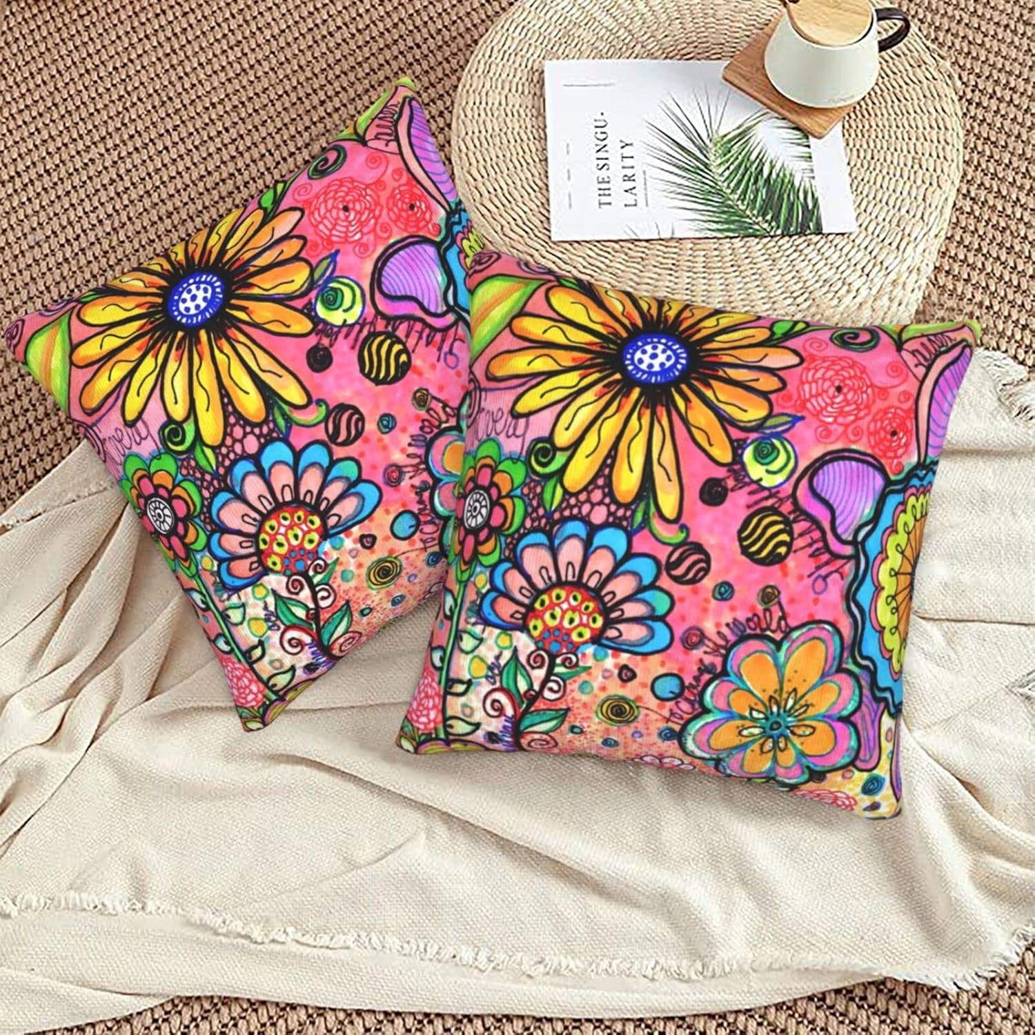 2pcs Artistic Floral Graffiti Throw Pillow Covers, Double-Sided Printed Square Pillow Covers for Sofa Bedroom Living Room Car Decoration, Holiday Decorations, Polyester, 18 X 18 Inches, No Pillow Core