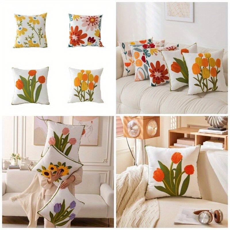 4 Pack Floral Embroidered Throw Pillow Covers - Double-Sided Printed Polyester Pillowcases with Zipper Closure, 4 Unique Vibrant Floral Patterns, Machine Washable for Living Room, Bedroom, Sofa Decor, Embroidered Pillow Covers, Home Decor, Contemporary