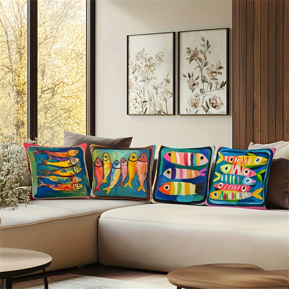 [Ocean Pillow Covers] 4pcs Vibrant Ocean-Themed Pillow Covers, Double-Sided Print, Plush Polyester, Machine Washable with Zipper Closure - Ideal for Car, Farmhouse, Bedroom, Living Room Sofa Decor, Sofa Pillow Covers|Vintage Style Decor|Machine Washable