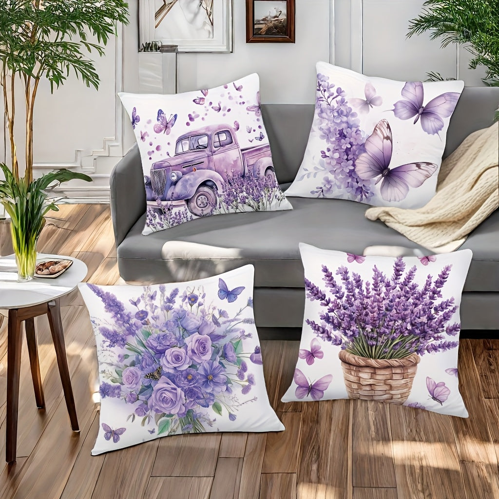 4pcs Spring Floral & Vintage Car Print Pillow Covers - 17.7x17.7 Inch Soft Lavender Decorative Pillowcases, Double-Sided Contemporary Design with Zipper Closure, Machine Washable for Bedroom, Living Room, Sofa Decor, Vintage Pillow Covers, Bedroom