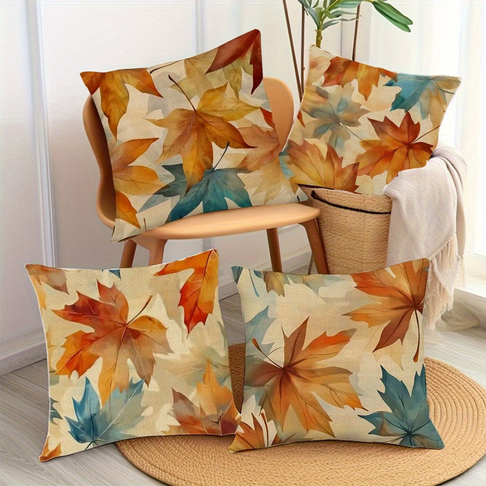 4pcs Autumn Thanksgiving Maple Leaf Printed Pillow Covers - Double-Sided Polyester Zipper Closure, Contemporary Fall Decor for Living Room, Bedroom, Sofa - Machine Washable (Pillow Inserts Not Included), Pillow Covers for Living Room, Bedroom Accents,