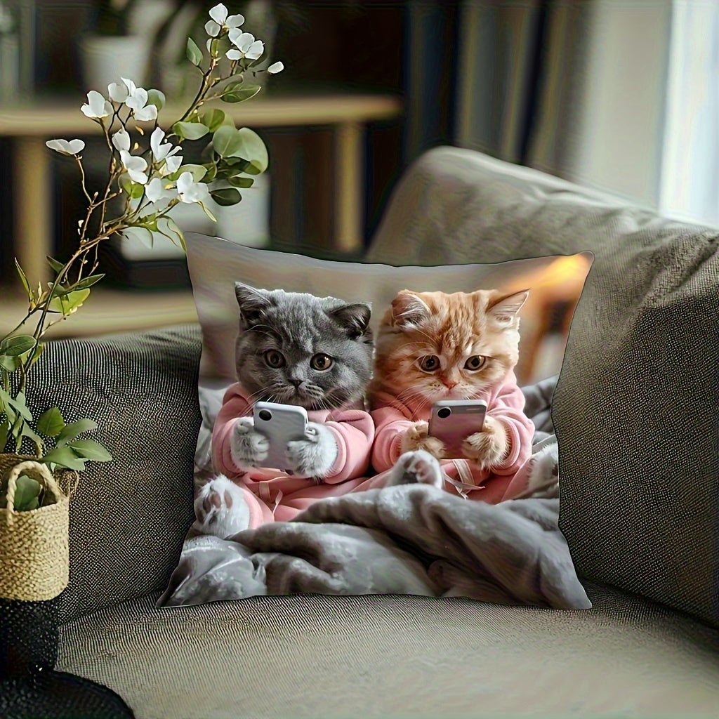 1pc Cute Gray & Orange Tabby Kittens in Pink Hoodies Using Phones Pillow Cover - Dual-Sided Printed Cushion Case with Zipper Closure, Machine Washable - Grey Background Decor for Sofa, Bed, Chair - Birthday, Thanksgiving Gift for Cat Lovers - Home Decor