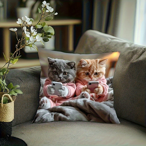 1pc Cute Gray & Orange Tabby Kittens in Pink Hoodies Using Phones Pillow Cover - Dual-Sided Printed Cushion Case with Zipper Closure, Machine Washable - Grey Background Decor for Sofa, Bed, Chair - Birthday, Thanksgiving Gift for Cat Lovers - Home Decor