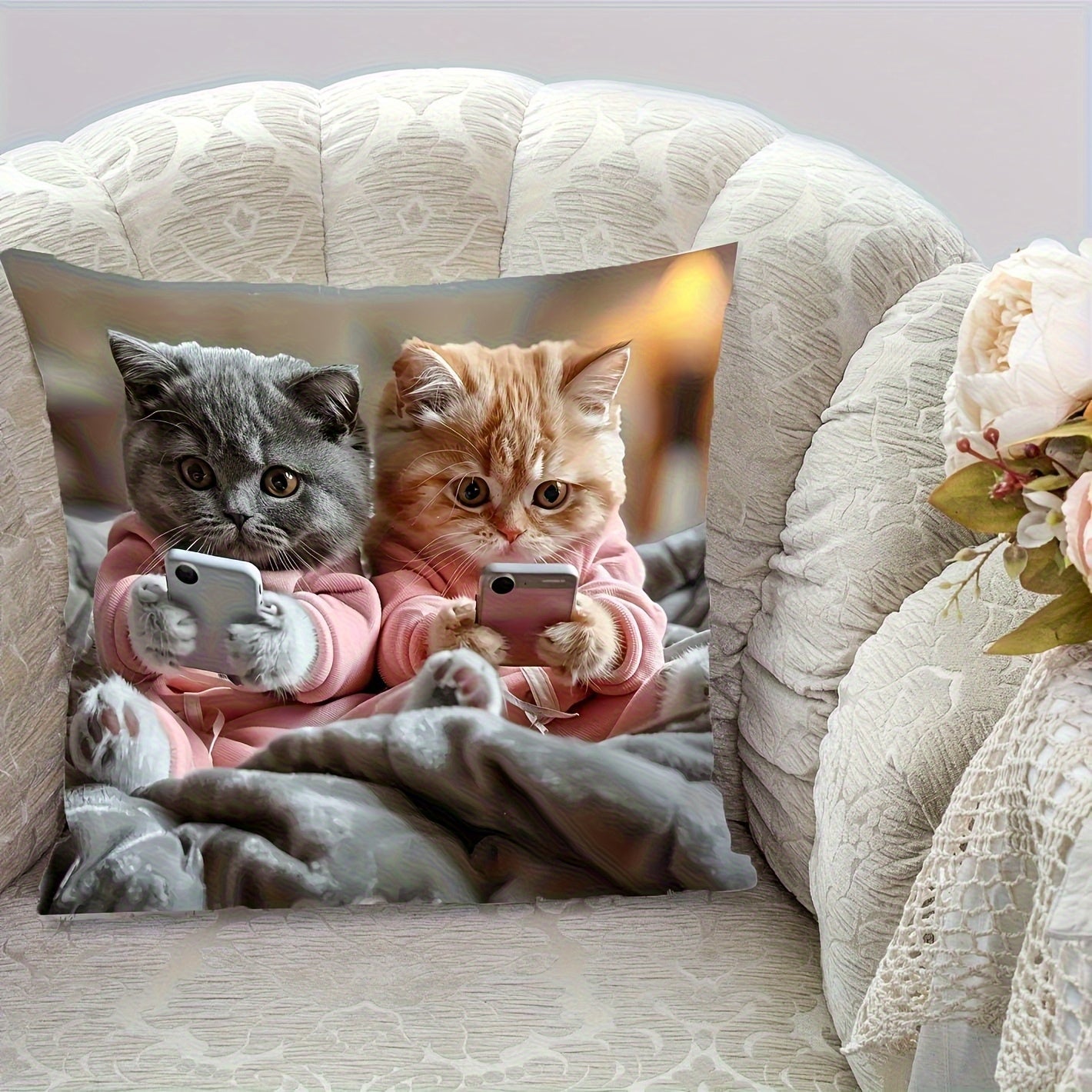 1pc Cute Gray & Orange Tabby Kittens in Pink Hoodies Using Phones Pillow Cover - Dual-Sided Printed Cushion Case with Zipper Closure, Machine Washable - Grey Background Decor for Sofa, Bed, Chair - Birthday, Thanksgiving Gift for Cat Lovers - Home Decor