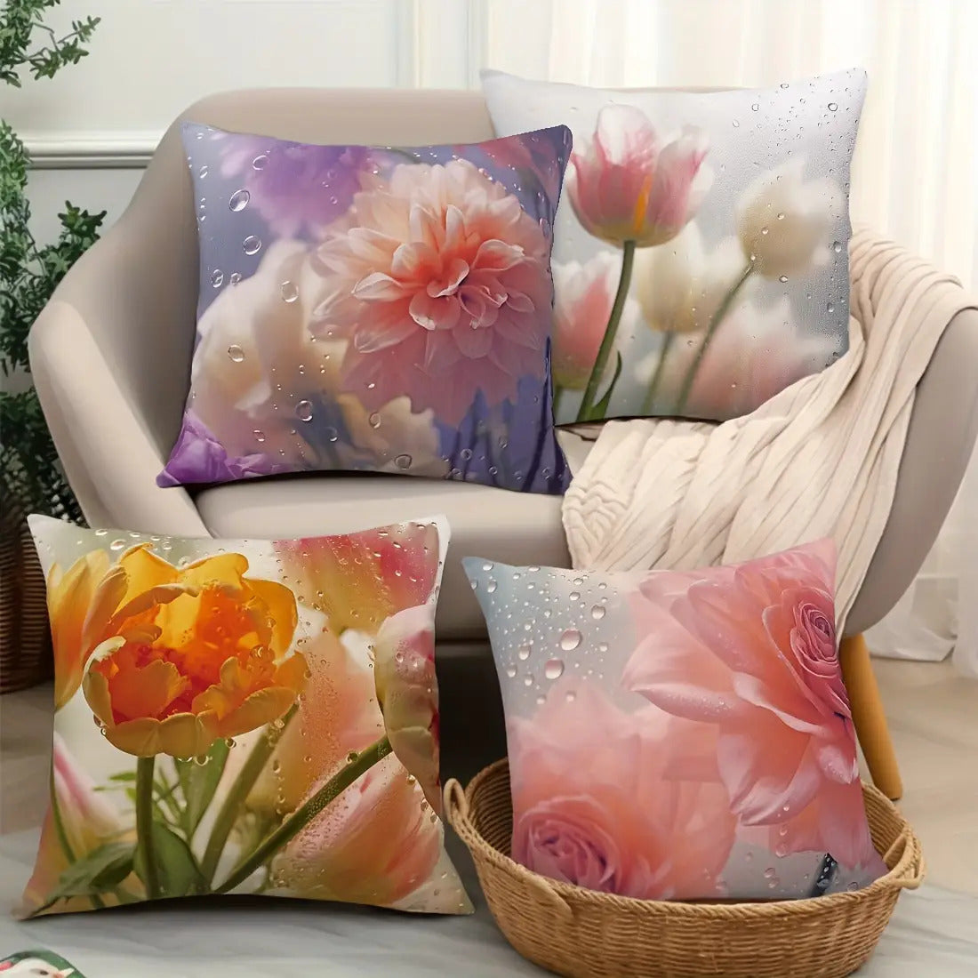 4pcs 17.72X 17.72Inch After The Rain Glass Flower Peach Skin Pillow Four-Piece Set Car Cushion Cover Living Room Sofa Bedroom Pillow Bedside Backrest Pillowcase Home Decoration Pillow Coreless Double-Sided Printing