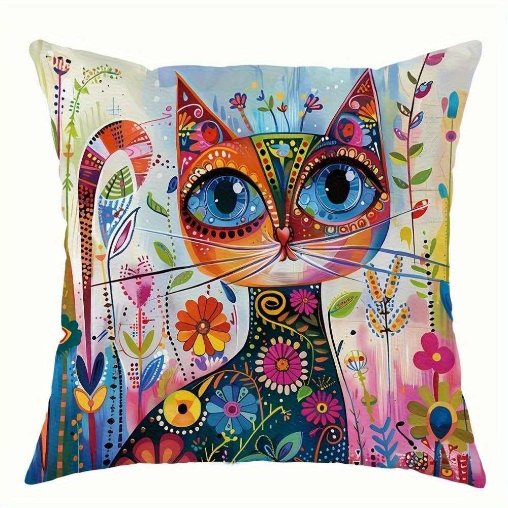 4pcs, Cat Flower Abstract Art Pattern Design Printed Zipper Pillowcase-Double-Sided Polyester Printed Pattern Zipper Closed Home Decoration Living Room, Bedroom And Sofa Home Decoration (Not Included in The Pillow)
