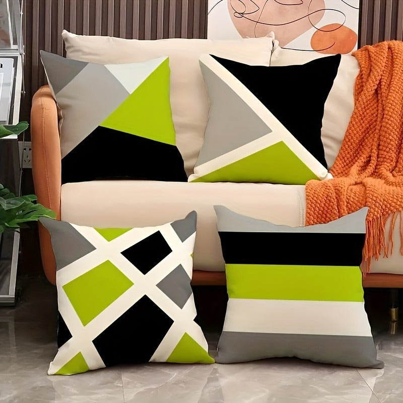 4pcs Modern Geometric Print Pillow Covers - Green Black White Gray Lime Accents, Double-Sided Soft Fabric with Zipper Closure, Hand Wash Only for Sofa Bed Living Room Bedroom Patio Car Office Decor, Pillow Covers for Living Room, Decorative Gift Item,