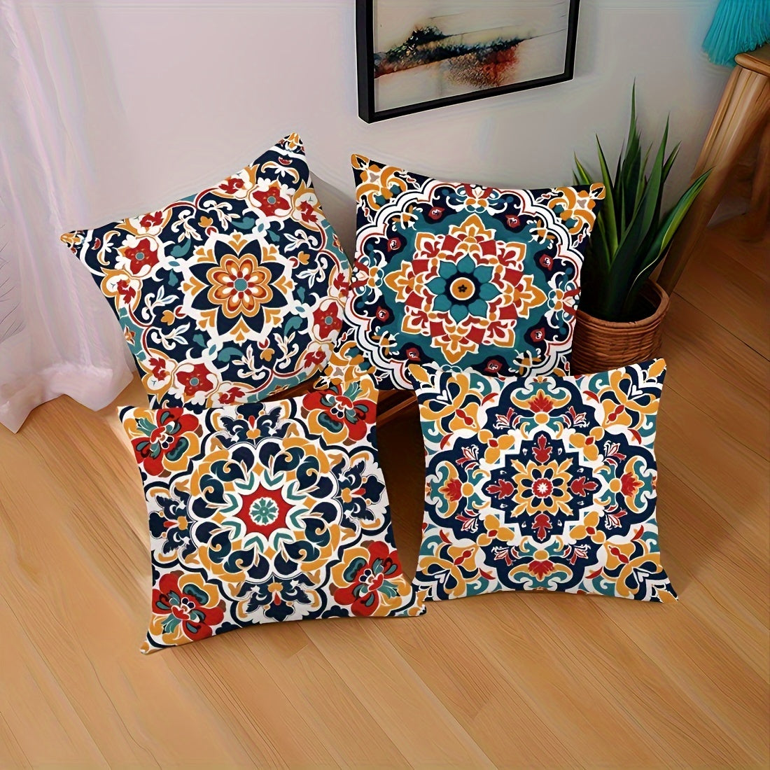 4pcs Modern Moroccan Geometric Pattern Pillow Covers- Symmetrical Carpet Texture Double-Sided Polyester Material, Zipper Closure, Machine Washable, for Living Room and Bedroom Decoration(Inner Core Not Included), Special Double-Sided Printed Cu, Extra