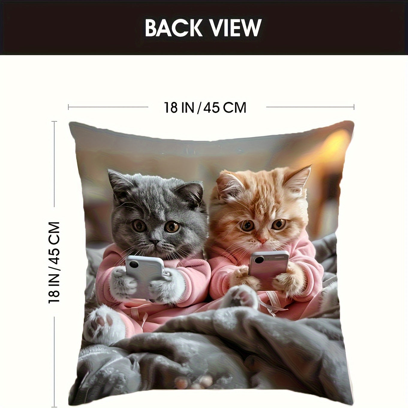 1pc Cute Gray & Orange Tabby Kittens in Pink Hoodies Using Phones Pillow Cover - Dual-Sided Printed Cushion Case with Zipper Closure, Machine Washable - Grey Background Decor for Sofa, Bed, Chair - Birthday, Thanksgiving Gift for Cat Lovers - Home Decor
