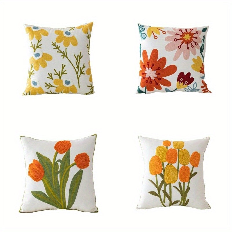 4 Pack Floral Embroidered Throw Pillow Covers - Double-Sided Printed Polyester Pillowcases with Zipper Closure, 4 Unique Vibrant Floral Patterns, Machine Washable for Living Room, Bedroom, Sofa Decor, Embroidered Pillow Covers, Home Decor, Contemporary