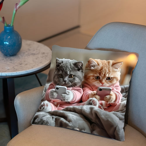 1pc Cute Gray & Orange Tabby Kittens in Pink Hoodies Using Phones Pillow Cover - Dual-Sided Printed Cushion Case with Zipper Closure, Machine Washable - Grey Background Decor for Sofa, Bed, Chair - Birthday, Thanksgiving Gift for Cat Lovers - Home Decor