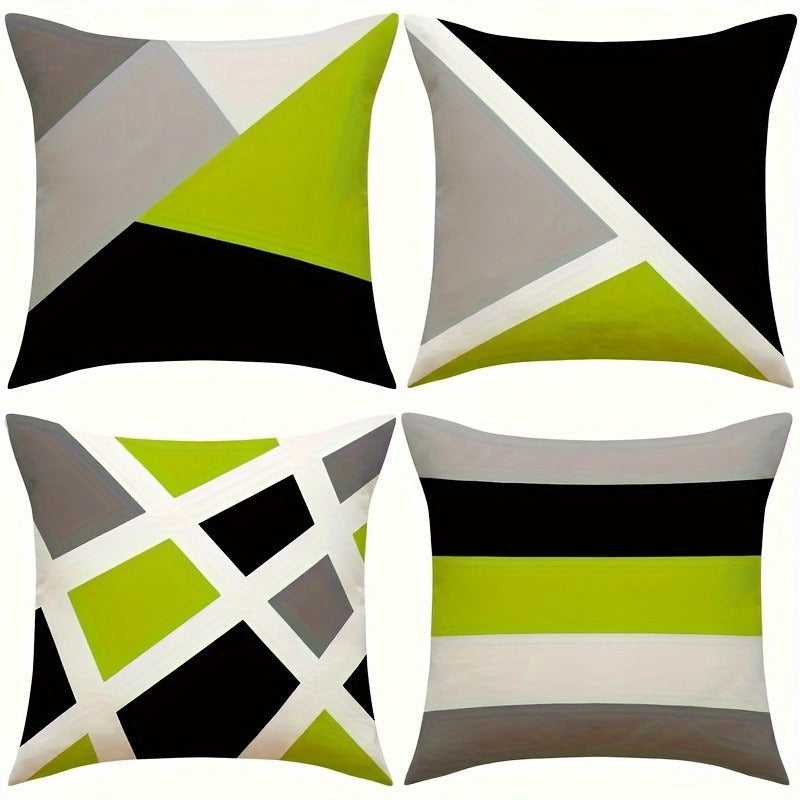 4pcs Modern Geometric Print Pillow Covers - Green Black White Gray Lime Accents, Double-Sided Soft Fabric with Zipper Closure, Hand Wash Only for Sofa Bed Living Room Bedroom Patio Car Office Decor, Pillow Covers for Living Room, Decorative Gift Item,