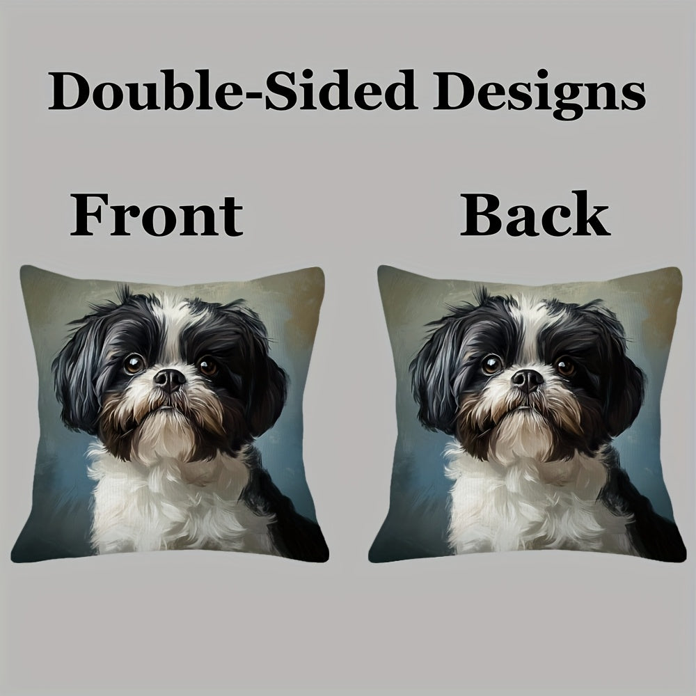 1pc, 2d flat printing, Non-real embroidery, Cute Shih Tzu dog double-sided printed short plush pillow cover, suitable for sofa living room bedroom, no pillow coreLKJ1654