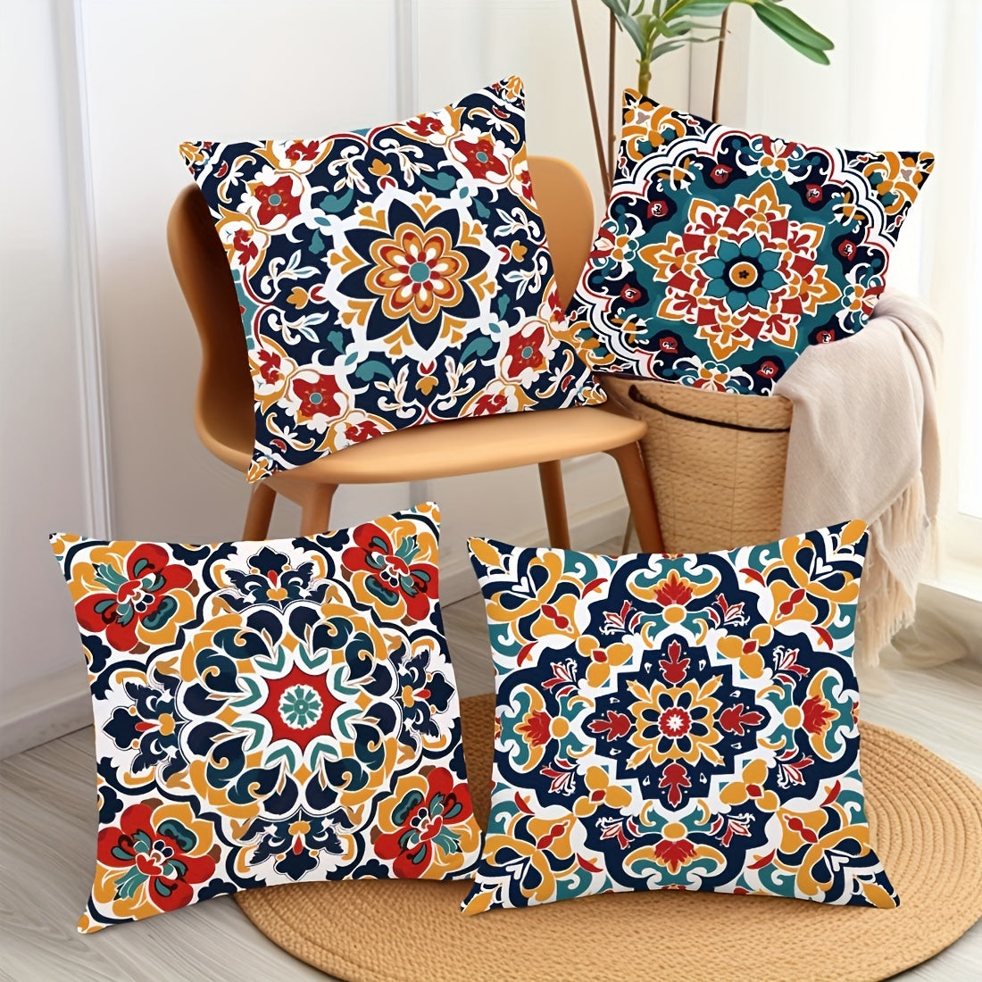 4pcs Modern Moroccan Geometric Pattern Pillow Covers- Symmetrical Carpet Texture Double-Sided Polyester Material, Zipper Closure, Machine Washable, for Living Room and Bedroom Decoration(Inner Core Not Included), Special Double-Sided Printed Cu, Extra