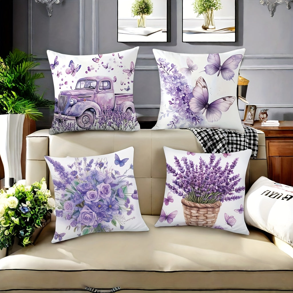 4pcs Spring Floral & Vintage Car Print Pillow Covers - 17.7x17.7 Inch Soft Lavender Decorative Pillowcases, Double-Sided Contemporary Design with Zipper Closure, Machine Washable for Bedroom, Living Room, Sofa Decor, Vintage Pillow Covers, Bedroom