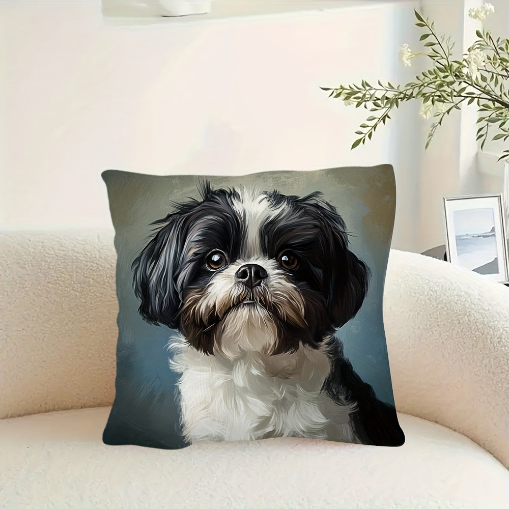 1pc, 2d flat printing, Non-real embroidery, Cute Shih Tzu dog double-sided printed short plush pillow cover, suitable for sofa living room bedroom, no pillow coreLKJ1654