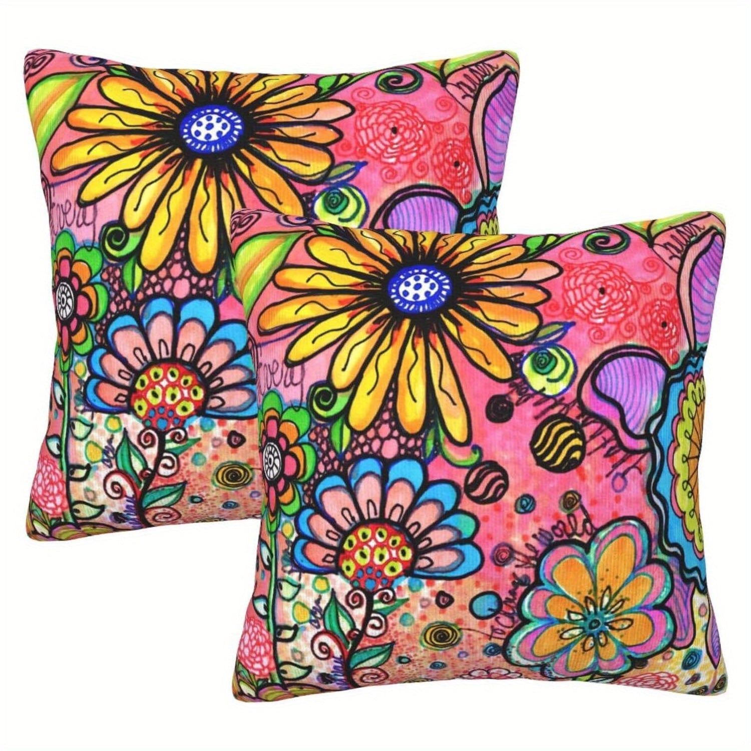 2pcs Artistic Floral Graffiti Throw Pillow Covers, Double-Sided Printed Square Pillow Covers for Sofa Bedroom Living Room Car Decoration, Holiday Decorations, Polyester, 18 X 18 Inches, No Pillow Core