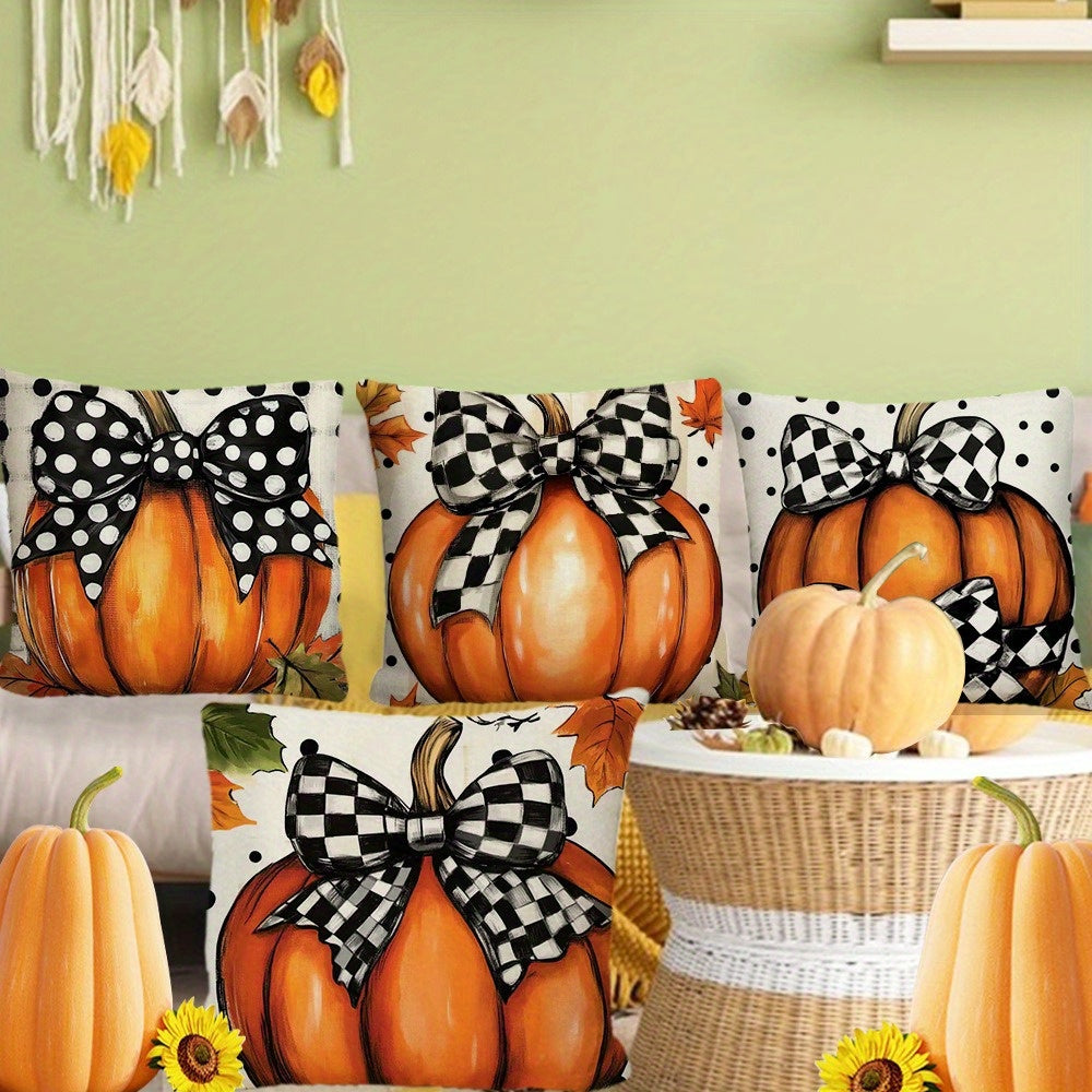 4pcs of Cartoon Niche Bow Pumpkin Printed Zipper Pillowcase-Double-Sided Polyester Printed Pattern Zipper Closed Home Decoration Living Room, Bedroom And Sofa Home Decoration (Not Included in The Pillow)