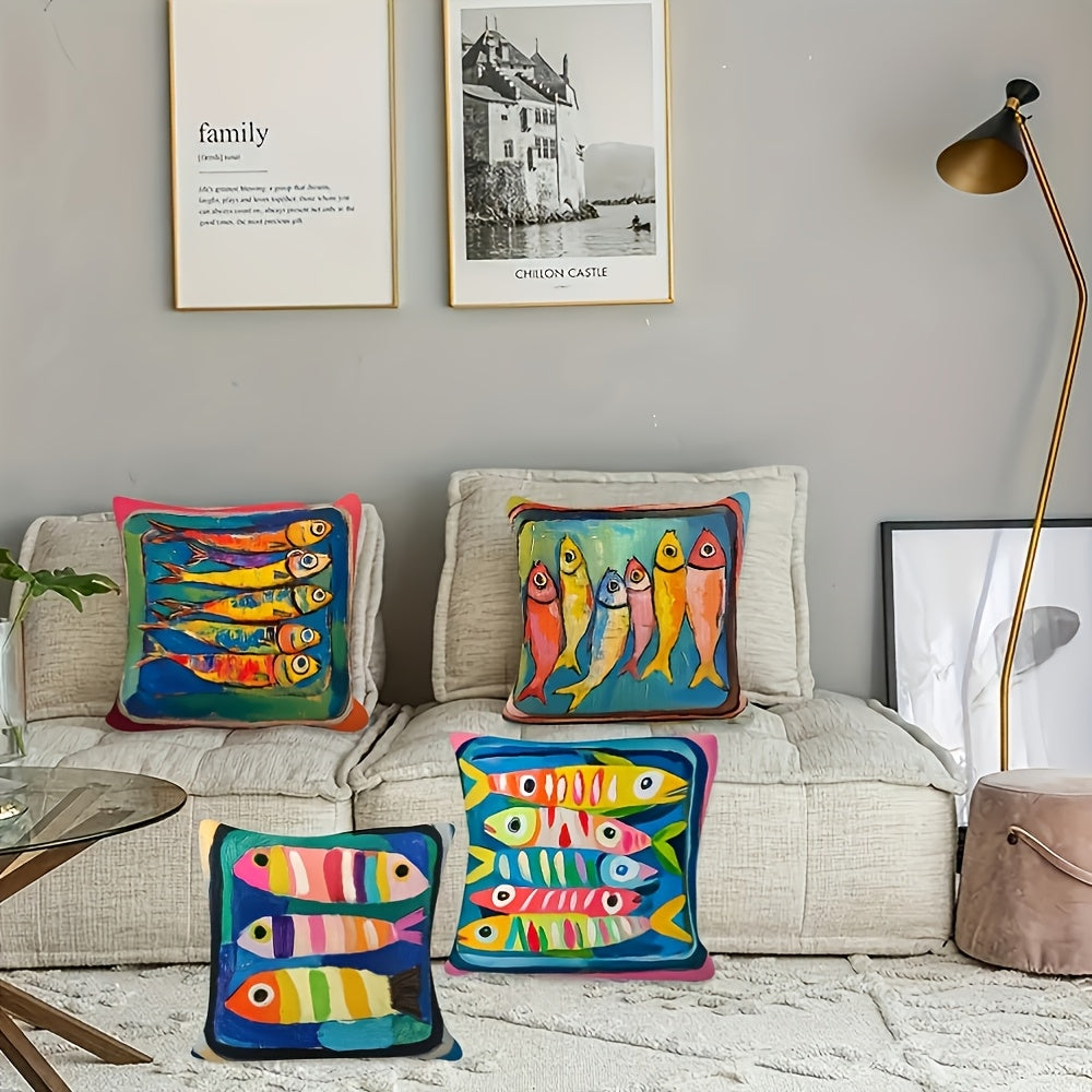 [Ocean Pillow Covers] 4pcs Vibrant Ocean-Themed Pillow Covers, Double-Sided Print, Plush Polyester, Machine Washable with Zipper Closure - Ideal for Car, Farmhouse, Bedroom, Living Room Sofa Decor, Sofa Pillow Covers|Vintage Style Decor|Machine Washable