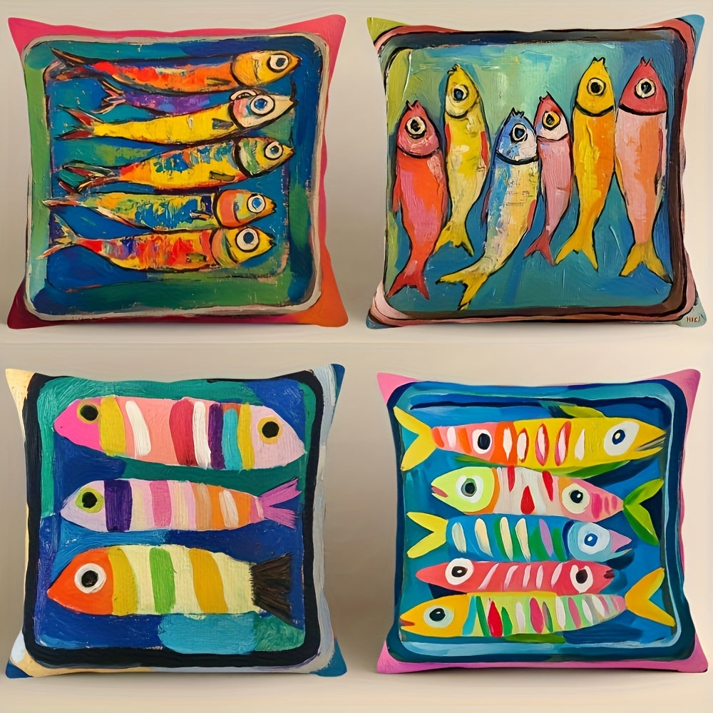 [Ocean Pillow Covers] 4pcs Vibrant Ocean-Themed Pillow Covers, Double-Sided Print, Plush Polyester, Machine Washable with Zipper Closure - Ideal for Car, Farmhouse, Bedroom, Living Room Sofa Decor, Sofa Pillow Covers|Vintage Style Decor|Machine Washable