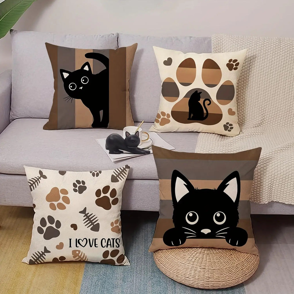 Cartoon Cat Paw Short Polyester Pillowcase Set of Four, Home Living Room Sofa Car Bedroom Decoration- Polyester Fiber Material Double-Sided Printing Coreless, Sofa Accessories, Cozy Home Accents, Playful Decor, Cartoon Design, Soft Material, Easy Care,
