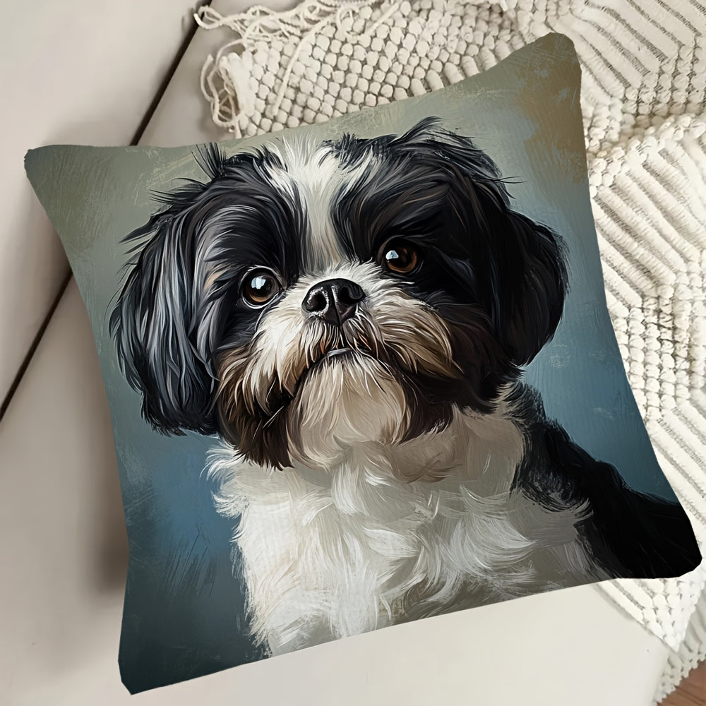 1pc, 2d flat printing, Non-real embroidery, Cute Shih Tzu dog double-sided printed short plush pillow cover, suitable for sofa living room bedroom, no pillow coreLKJ1654