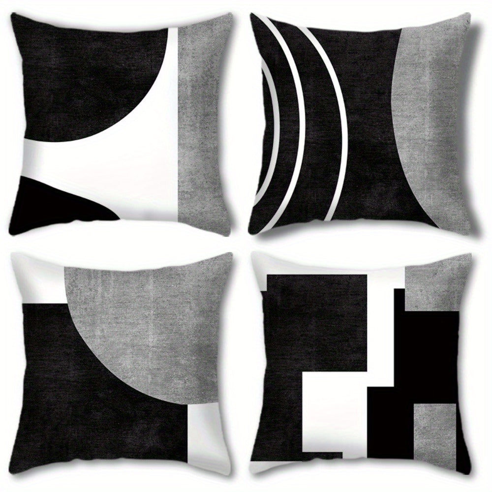 Black 4pcs Geometric Pattern Design Printed Zipper Pillowcase - Double-Sided Polyester Printed Pattern Zipper Closed Home Decoration for Living Room, Bedroom and Sofa (Pillow Not Included)