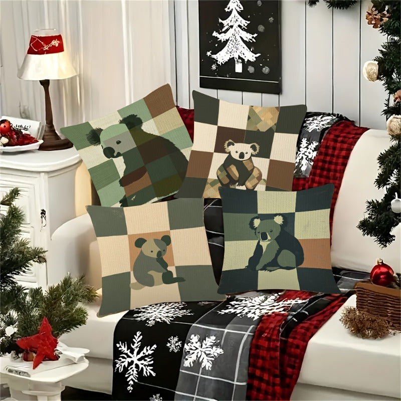 4pcs Vintage Koala Silhouette Pillow Covers, Colorful Double-Sided Print, Stitched Details, Zipper Closure, Machine Washable- Perfect for Bedroom, Living Room, Sofa, And Car Decoration(No Filling), Bedroom Decoration| Checkered Pattern| Durab, Bed Pillows