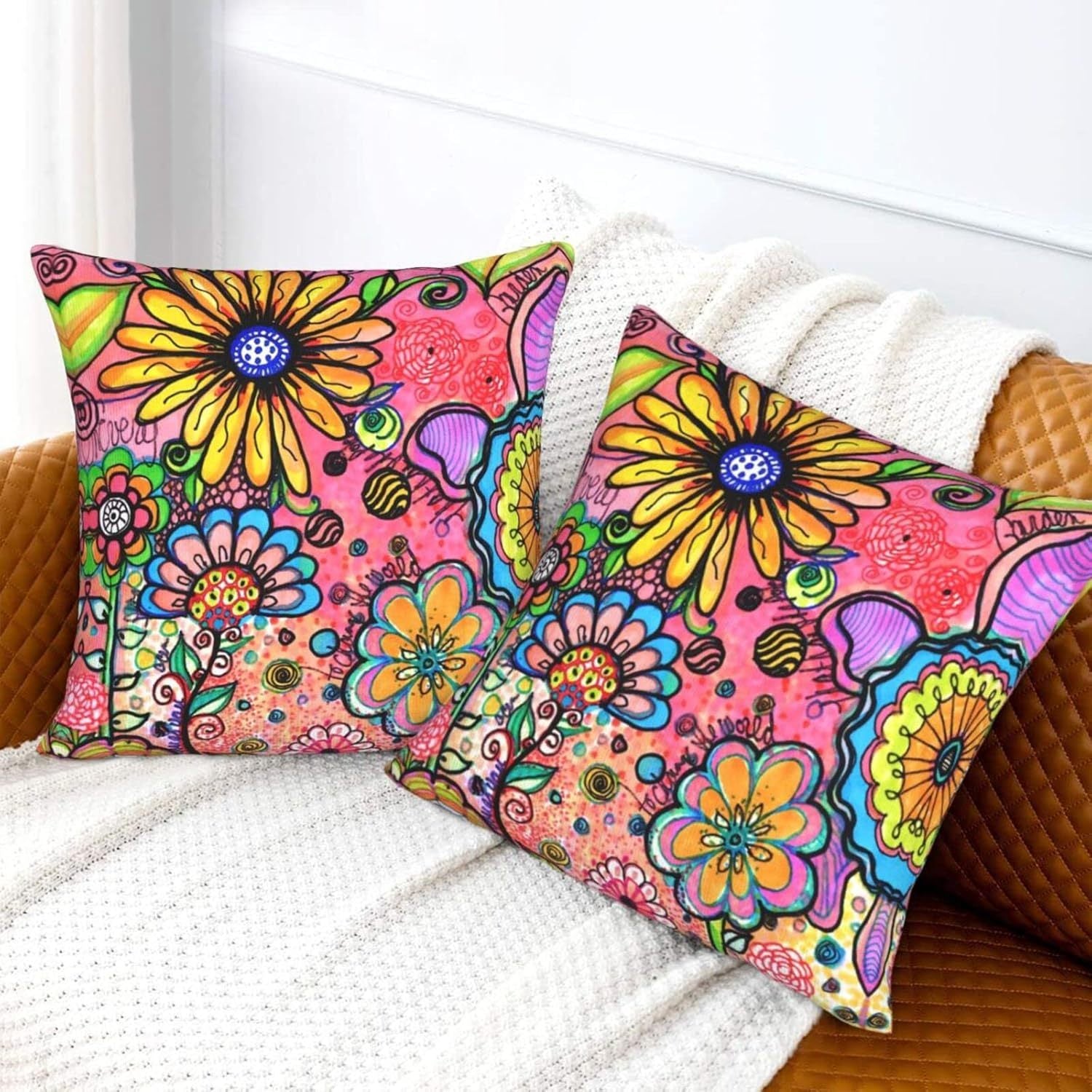 2pcs Artistic Floral Graffiti Throw Pillow Covers, Double-Sided Printed Square Pillow Covers for Sofa Bedroom Living Room Car Decoration, Holiday Decorations, Polyester, 18 X 18 Inches, No Pillow Core